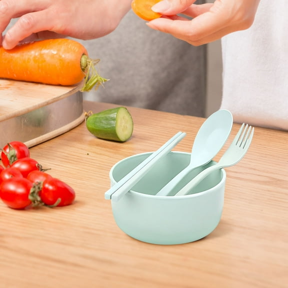 Honeeladyy 4Pcs Wheat Straw Dinnerware Sets Lightweight Bowl Reusable Dinner Microwave Dishwasher Safe Portable Spoon Chopsticks Fork Dinnerware for Home School Office Picnic Travel, Green