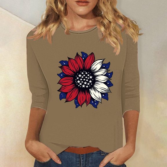 Honeeladyy 4Th of July Shirts for Women's Fashion Printed T-shirt 3/4 Sleeves Blouse Round Neck Casual Tops Festival Gifts(Khaki,S)