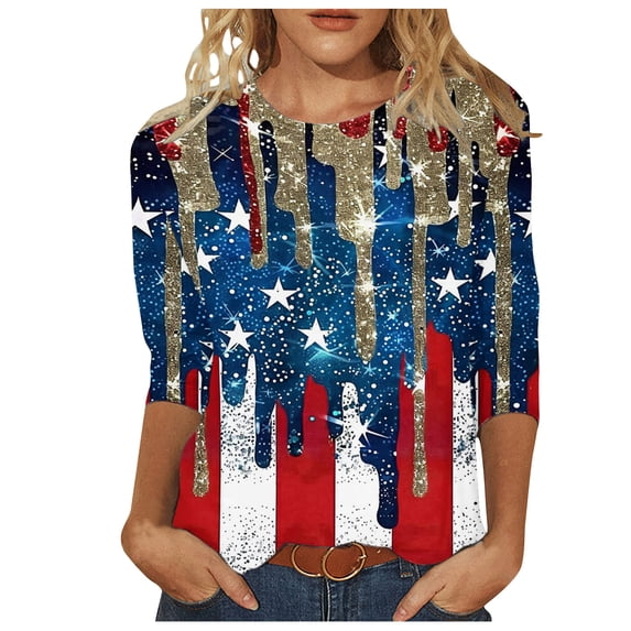 Honeeladyy 4Th of July T Shirts for Women 3/4 Sleeve Tunic Round Neck Tee Trendy Independence Day Print Tshirt