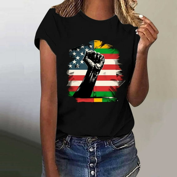 Honeeladyy 4th of July Shirts for Women Casual Solid Color Short Sleeve Tops Crew Neck Independence Day Shirts, Patriotic Tunic Tops to Wear with Leggings (Black,L)