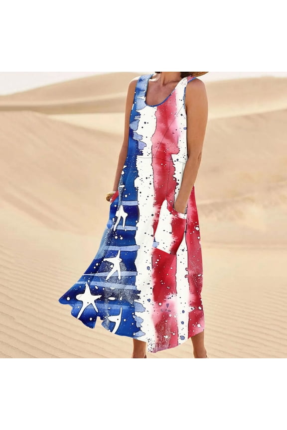 4th of July Tops for Women's Sleeveless Printed Pocket Long Dress Streetwear(White,L)