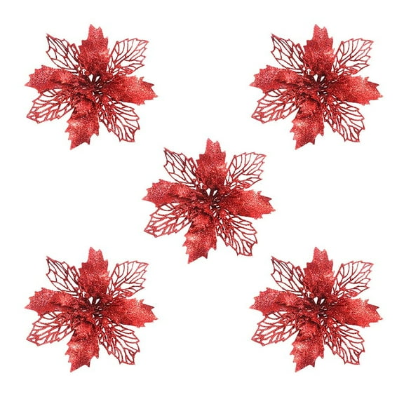 Honeeladyy 5Pcs Artificial Flowers Artificial Christmas Flower Decorative Belt Clip for Christmas Tree Decorations Wedding Party Artificial Glitter Flowers for Decoration Decor, 3.9 Inch, Red