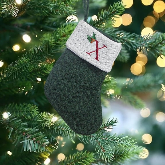 Honeeladyy 8 Inches Mini Initial Monogram Embroidered Christmas Stocking Knitted Christmas Decorations Stocking Knit Cute Christmas Stocking for Fireplace, Mantel, Doors, Christmas Tree, Green-X