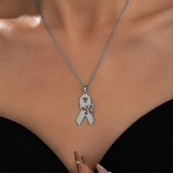 Honeeladyy Alloy Ribbon Pendant Necklace Breast Cancer Awareness Necklace Women's Care Day Pendant Necklace Gift of Hope