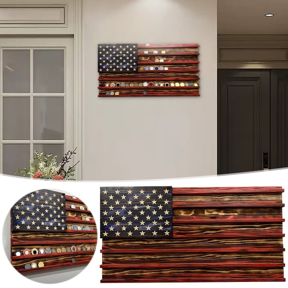 Honeeladyy America Flag Challenge Coin Display,Handmade Commemorative Display Stand Desktop Display Stand Memorial Day Decorations