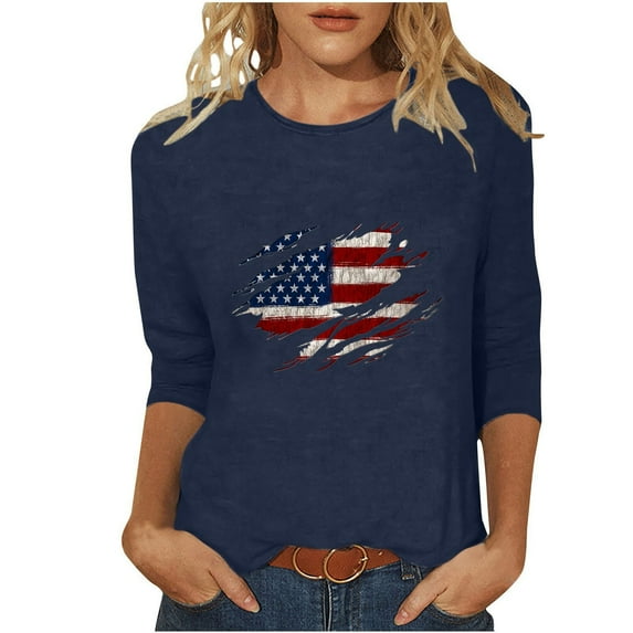 Honeeladyy American Flag Stars Stripes Shirts for Women's 2024 Summer Loose And Comfortable Independence Day Printed Round Neck Three-quarter Sleeve 3/4 Sleeve T-Shirt Top Streetwear(Navy,M)