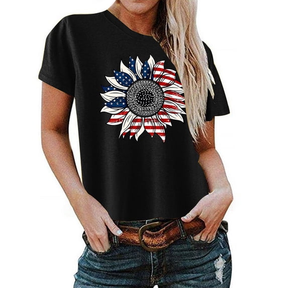 Honeeladyy American Flag Stars Stripes Shirts for Women's Summer Casual Loose Fitting Independent Day Printed Round Neck Short Sleeved Women's Top Festival Gifts(Black,2XL)
