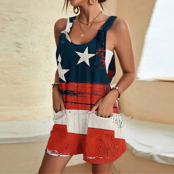 Honeeladyy American Flag T Shirt Women's Summer Comfortable Casual Suspender Printing Shorts Pocket Jumpsuit Shorts for Camping(Navy,M)