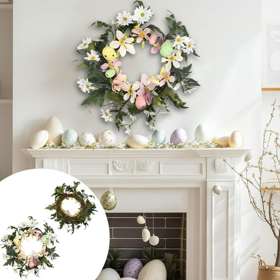 Honeeladyy Artificial Easter Wreath, 10" Spring Easter Eggs Wreath with Colorful Eggs Small Flowers and Green Leaves, Flower Wreath for Front Door Wall Window Festival Party Home Decor