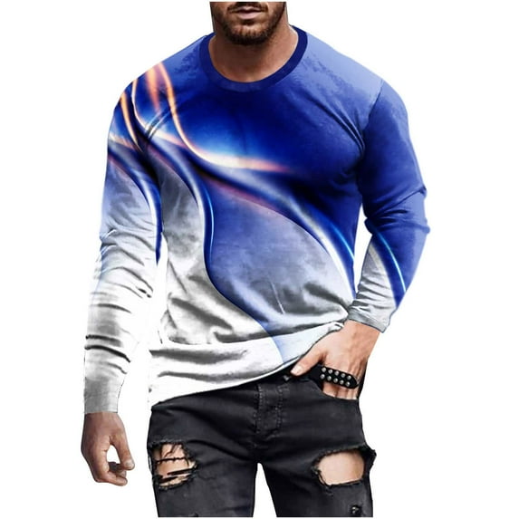 Honeeladyy Autumn Men's Long Sleeve Round Neck T-Shirt 3D Digital Printing Pullover Casual Top #Fa-Blue-XXXXXL