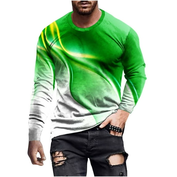 Honeeladyy Autumn Men's Long Sleeve Round Neck T-Shirt 3D Digital Printing Pullover Casual Top #Fa-Green-M
