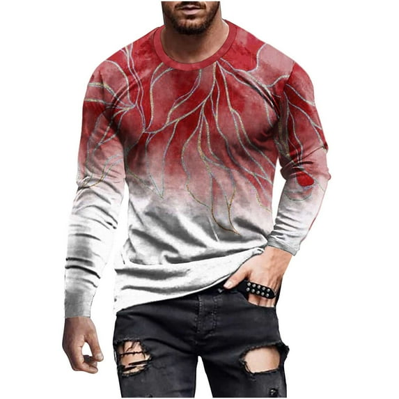 Honeeladyy Autumn Men's Long Sleeve Round Neck T-Shirt 3D Digital Printing Pullover Casual Top #Ga-Red-M