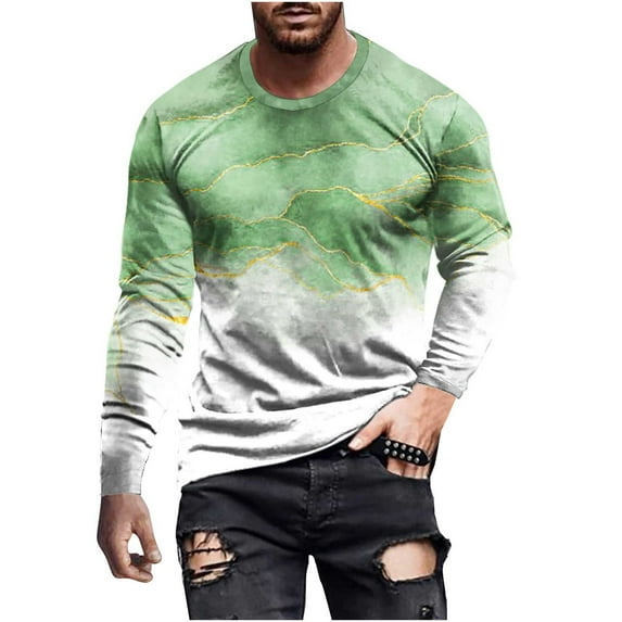 Honeeladyy Autumn Men's Long Sleeve Round Neck T-Shirt 3D Digital Printing Pullover Casual Top #Ha-Green-XL