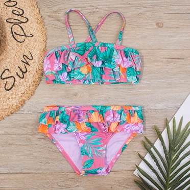 Honeeladyy Baby Girl One Piece Swimsuit Toddler Sleeveless Toddler Girls Kids Swimsuit Sling Flowers Print Beach Cute Ruffle Bikini Suit