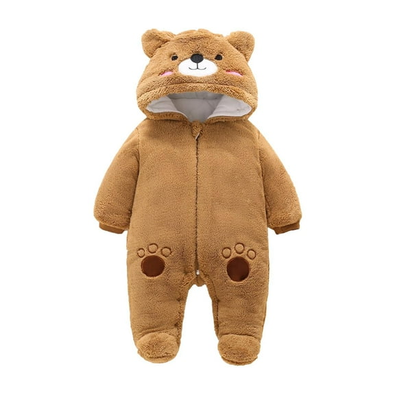 Honeeladyy Baby Girls Boys One Piece Outwear Footed Hooded Fur Trim Winter Warm Down Jacket Jumpsuit Romper Snowsuit Christmas Gift for 12-18 Months Brown