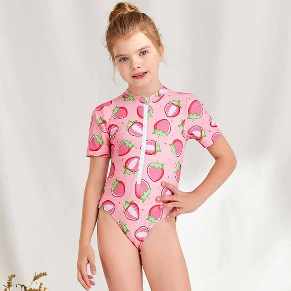 Honeeladyy Baby Girls Swimwear Two-Piece Suit Beach Baby Girls Swimwear Children's Swimsuit Strawberry Print Short Sleeve Surfing Zipper One-piece Swimsuit Bathing Suit Swimming Suit