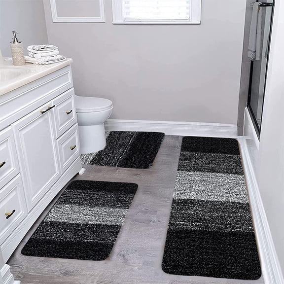 Honeeladyy Bathroom Rugs Sets 3 Piece, Soft Absorbent Microfiber Bath Mats and U-Shaped Contour Toilet Rug, Plush Shaggy Bath Mat Set for Bathroom (15.7"x23.6"+15.7"x19.6"+16.5"x14.9", Black)