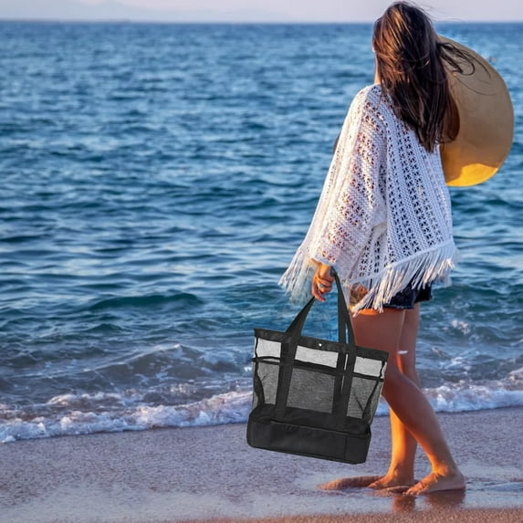 Honeeladyy Beach Bag with Dry and Wet Separation, Mesh Beach Bags for Women Large Capacity Sandproof for Pool and Swimming Travel Daily with Sturdy Pocket, 18 X18 in, Black