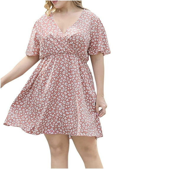 Honeeladyy Beach Party Loose Dresses on Clearance Plus Size Fashion Women Summer Short Sleeve Attractive Casual V-Neck Floral Print Mini Dress
