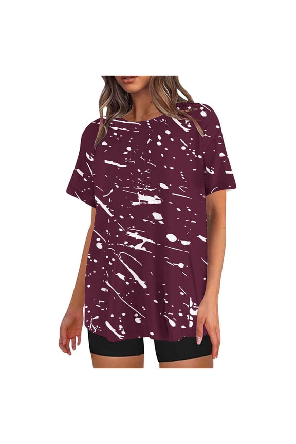 Biker Shorts Set Women 2 Piece Outfit Oversized Gradient Short Sleeve Top with High Waist Leggings Tracksuit Wine M