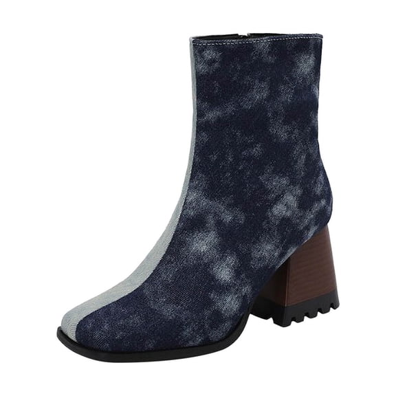 Honeeladyy Boots for Women Large Punk High Heel Rectangle Toe Thick Heel Zipper Mart Short Boots Birthday Shoes