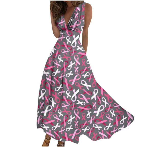 Honeeladyy Breast Cancer Awareness Ribbon Women’s Dress V Neck Sleeveless Print Casual Swing Long Dresses #In-Pink-XXXL