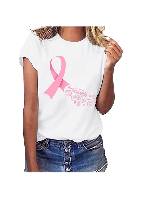 Breast Cancer Awareness Shirts Women Pink Ribbon T-Shirts Cancer Fighter Leopard Heart Graphic Tee Short Sleeve Tops #KC-White-M