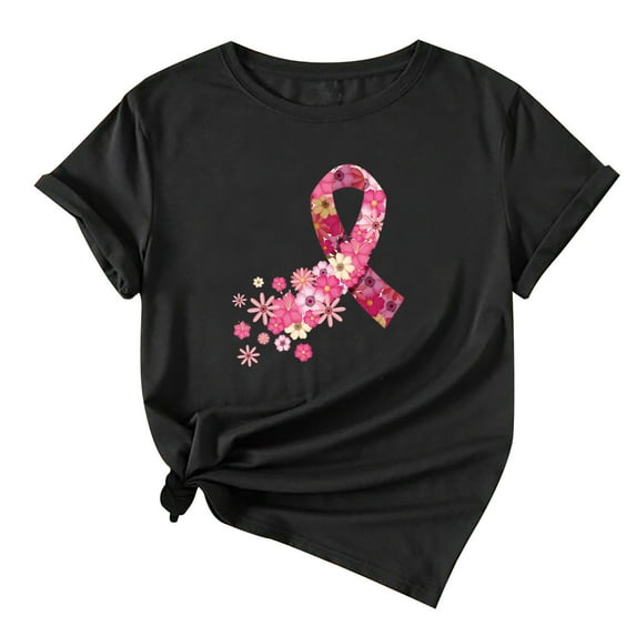Honeeladyy Breast Cancer Awareness Shirts Women Pink Ribbon T-Shirts Cancer Fighter Leopard Heart Graphic Tee Short Sleeve Tops #Xm-Black-L