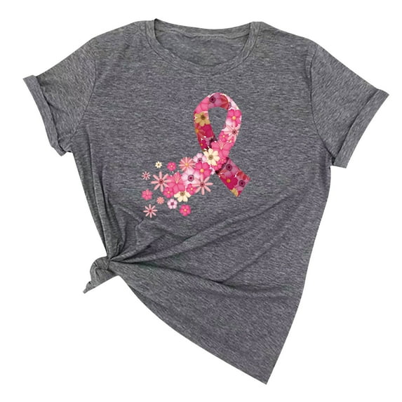 Honeeladyy Breast Cancer Awareness Shirts Women Pink Ribbon T-Shirts Cancer Fighter Leopard Heart Graphic Tee Short Sleeve Tops #Xm-Gray-XL