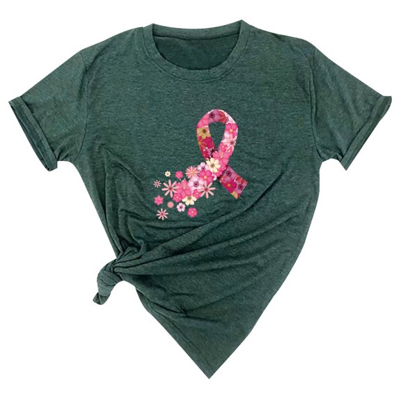 Honeeladyy Breast Cancer Awareness Shirts Women Pink Ribbon T-Shirts Cancer Fighter Leopard Heart Graphic Tee Short Sleeve Tops #Xm-Green-XXL