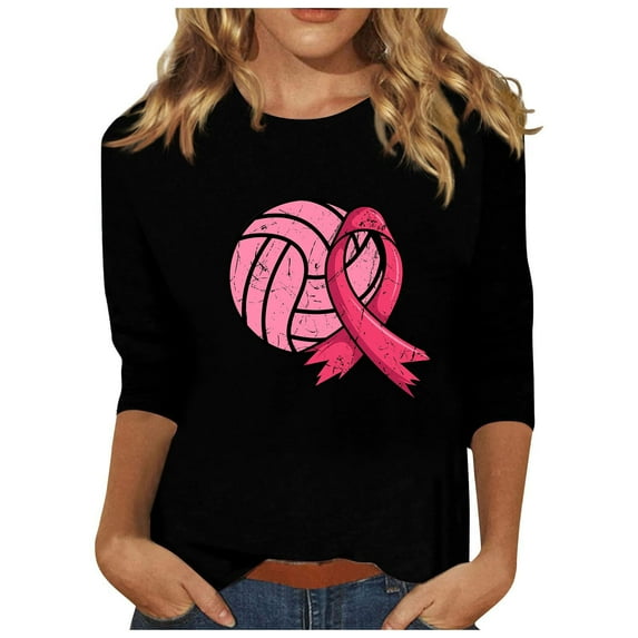 Honeeladyy Breast Cancer Shirts for Women Breast Cancer Awareness Round Neck 7/4 Sleeve Shirt Pink Ribbon Tee Tops #Kh-Black-XXL