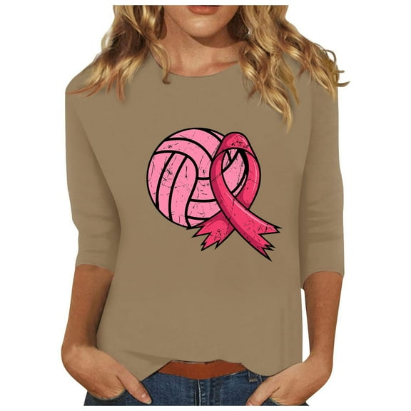 Honeeladyy Breast Cancer Shirts for Women Breast Cancer Awareness Round Neck 7/4 Sleeve Shirt Pink Ribbon Tee Tops #Kh-Khaki-L