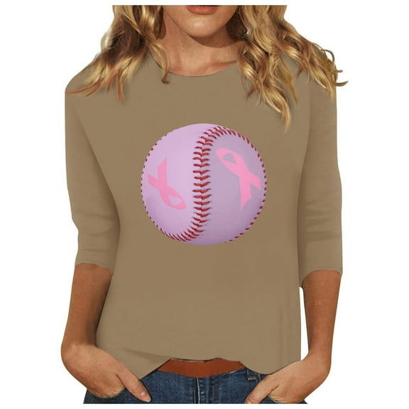 Honeeladyy Breast Cancer Shirts for Women Breast Cancer Awareness Round Neck 7/4 Sleeve Shirt Pink Ribbon Tee Tops #Nh-Khaki-XL