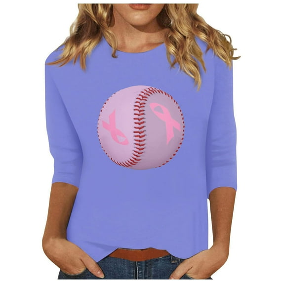 Honeeladyy Breast Cancer Shirts for Women Breast Cancer Awareness Round Neck 7/4 Sleeve Shirt Pink Ribbon Tee Tops #Nh-Purple-L