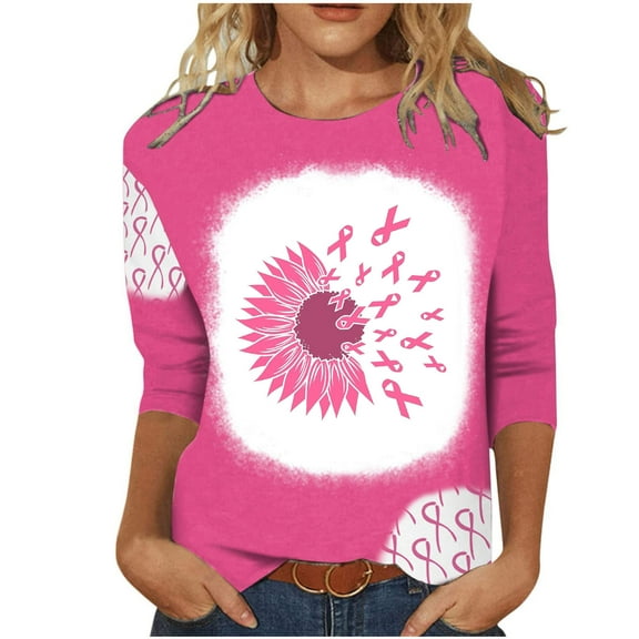 Honeeladyy Breast Cancer Shirts for Women Breast Cancer Awareness Round Neck 7/4 Sleeve Shirt Pink Ribbon Tee Tops #Nn-Pink-L