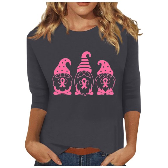 Honeeladyy Breast Cancer Shirts for Women Breast Cancer Awareness Round Neck 7/4 Sleeve Shirt Pink Ribbon Tee Tops #Oh-Gray-XXL