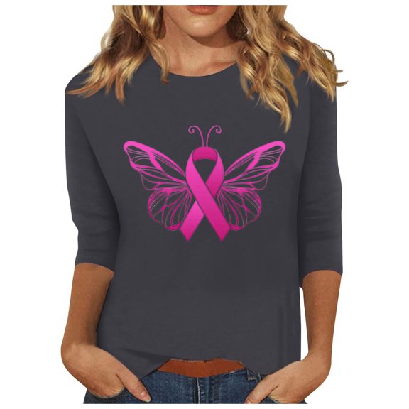 Honeeladyy Breast Cancer Shirts for Women Breast Cancer Awareness Round Neck 7/4 Sleeve Shirt Pink Ribbon Tee Tops #Ph-Gray-XL