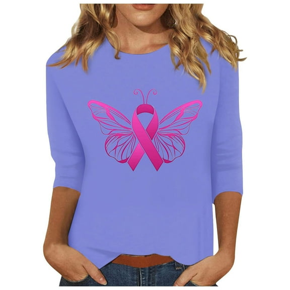 Honeeladyy Breast Cancer Shirts for Women Breast Cancer Awareness Round Neck 7/4 Sleeve Shirt Pink Ribbon Tee Tops #Ph-Purple-M