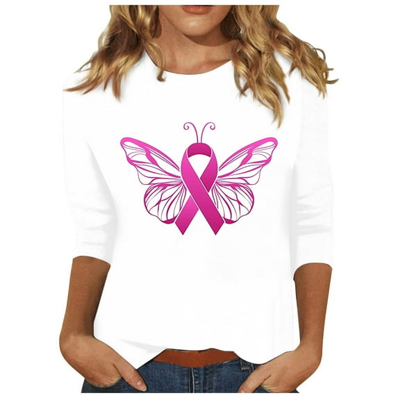 Honeeladyy Breast Cancer Shirts for Women Breast Cancer Awareness Round Neck 7/4 Sleeve Shirt Pink Ribbon Tee Tops #Ph-White-XXL