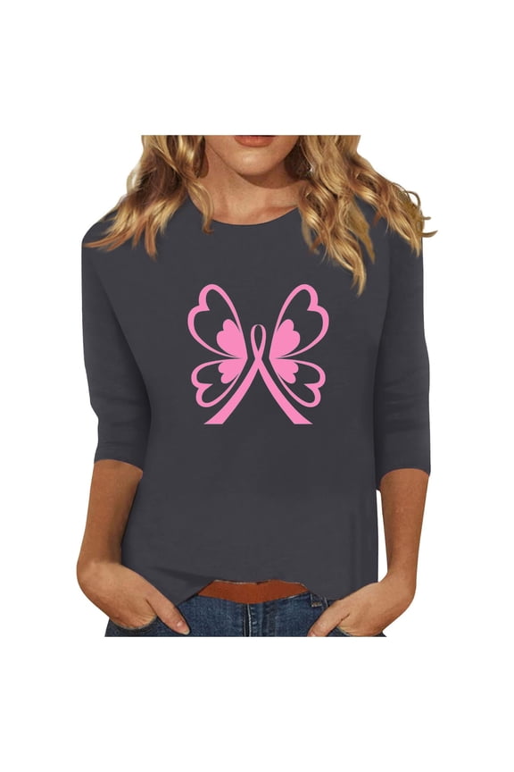 Breast Cancer Shirts for Women Breast Cancer Awareness Round Neck 7/4 Sleeve Shirt Pink Ribbon Tee Tops #Rh-Gray-XXL
