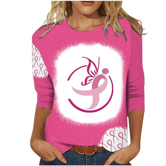 Honeeladyy Breast Cancer Shirts for Women Breast Cancer Awareness Round Neck 7/4 Sleeve Shirt Pink Ribbon Tee Tops #Rn-Pink-XL