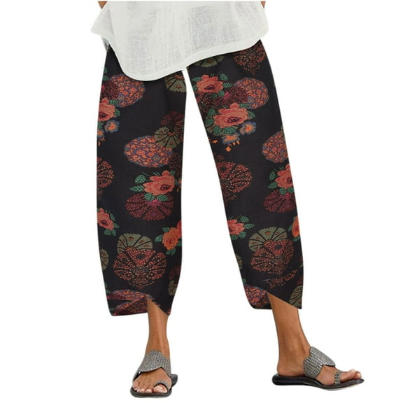 Honeeladyy Capri Pants for Women Palazzo Lounge Pants Wide Leg Printed Cropped Bottoms Baggy Trousers Sweatpants with Pockets Christmas Gifts for Wife Black XXXXL
