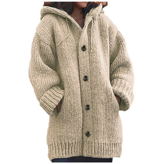 Honeeladyy Cardigan Sweaters for Women Plus Size Hooded Long Sleeve Open Front Cardigans Chunky Cable Knit Sweaters Casual Solid Color Oversized Slouchy Sweater Jacket Khaki L