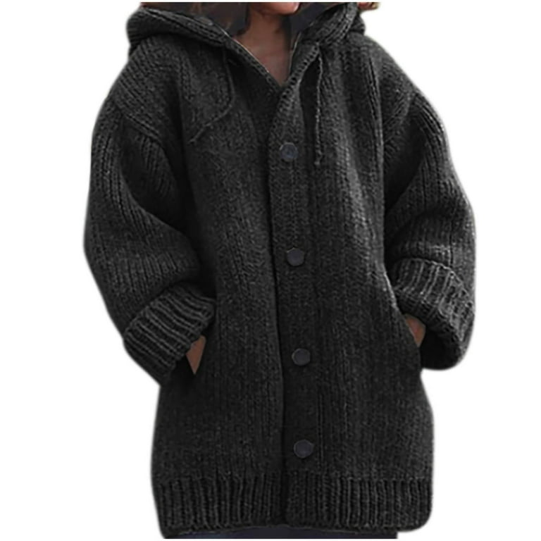 Honeeladyy Cardigan Sweaters for Women Plus Size Hooded Long Sleeve Open Front Cardigans Chunky Cable Knit Sweaters Casual Solid Color Oversized Slouchy Sweater Jacket Black XXXL Walmart