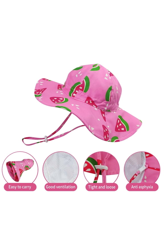 Toddler Kids Solid Color Outdoor Beach Cap Summer Children's Watermelon Print Sun Protection Hat Bucket Hat With Hat Rope