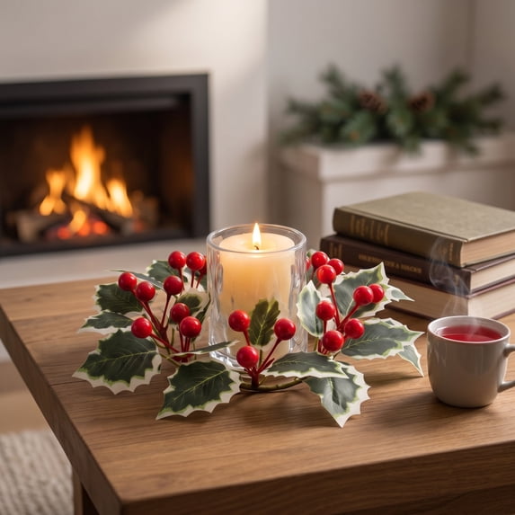 Honeeladyy Christmas Candle Ring Wreath, Small Kitchen Cabinet Table Decor, Artificial Berries Snowy Pine Chandelier, Home Dinning Table Centerpiece for Holiday Indoor Decor, 11.02in