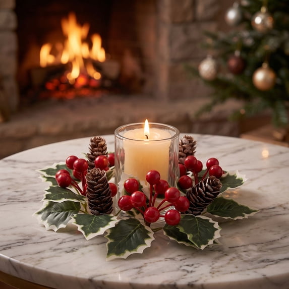 Honeeladyy Christmas Candle Ring Wreath, Small Kitchen Cabinet Table Decor, Artificial Berries Snowy Pine Chandelier, Home Dinning Table Centerpiece for Holiday Indoor Decor, 11.02in