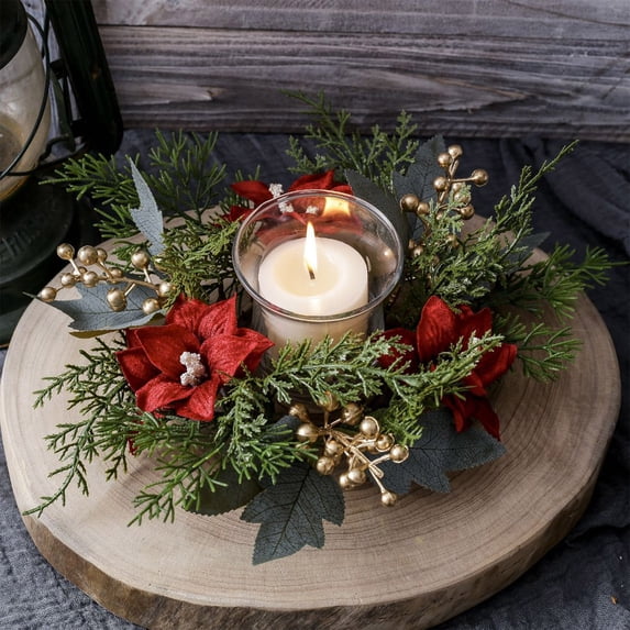 Honeeladyy Christmas Candle Rings Artificial Berries Leaves Garland Candle Rings Wreaths Candle Rings for Pillars Rustic Wedding Centerpiece Christmas Table Decoration for Front Door, 9.8x3.5 in