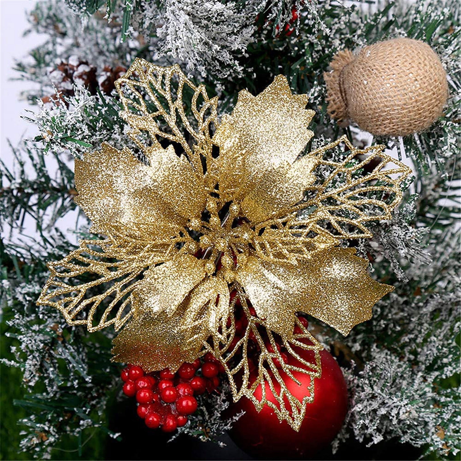 Honeeladyy Christmas Glitter Flowers 5.91Inch Christmas Tree Ornaments ...