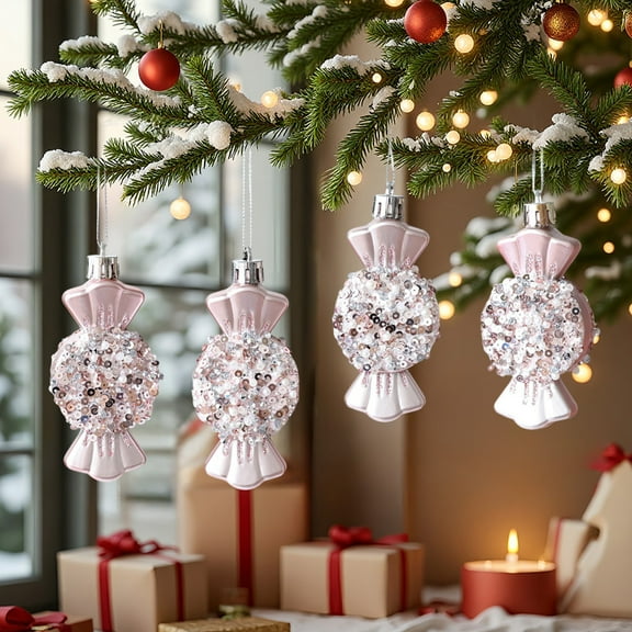 Honeeladyy Christmas Hanging Ornaments Set of 3, Whimsical Candy Christmas Tree Ornaments, Sparkling Glitter Hanging Decor for Holiday Home Party Festive Decorations